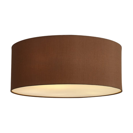Baymont 5 Light E27 Flush Ceiling Light, 50cm drum shade in raw cocoa fabric with bronze-lined interior and frosted acrylic diffuser, shown on a plain white background.