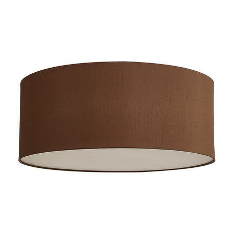 Baymont 5 Light E27 flush ceiling light in raw cocoa, a wide drum-shaped fabric shade with frosted acrylic diffuser beneath, shown on a plain white background.
