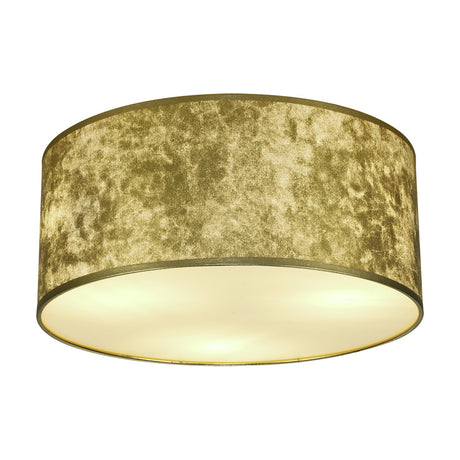 Baymont 5 Light E27 Flush Ceiling Light 50cm in Gold Leaf, a wide fabric drum with textured gold finish and frosted acrylic diffuser lit from within, shown on a white background.