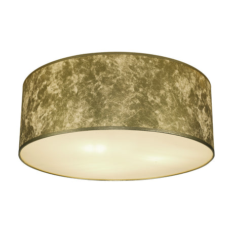 Baymont 5 Light E27 Flush Ceiling Light, 60cm gold leaf drum shade with frosted acrylic diffuser, shown on a plain white background.