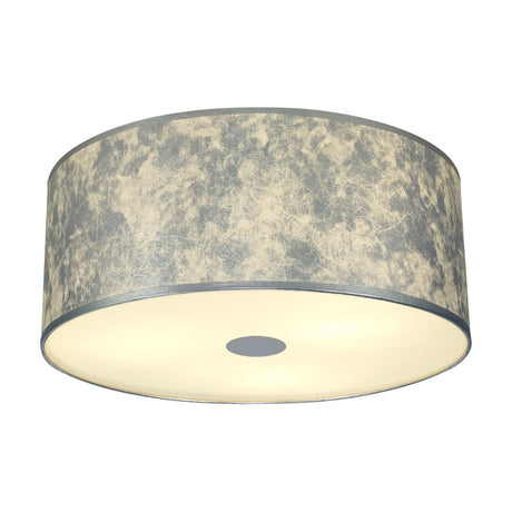 Baymont 5 Light E27 Flush Ceiling Light 50cm in silver leaf, a wide drum shade with mottled fabric texture and a frosted acrylic diffuser beneath, shown on a plain white background.