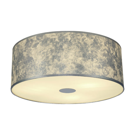 Baymont 5 Light E27 Flush Ceiling Light 60cm in Silver Leaf, a wide drum shade with mottled silver-grey fabric finish and a white acrylic diffuser base, shown on a plain white background.