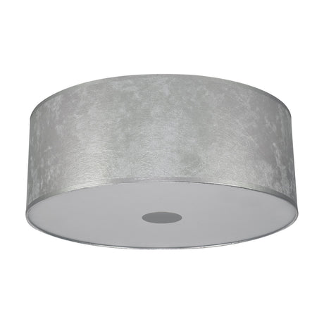 Baymont 5 Light E27 Flush Ceiling Light 60cm in Silver Leaf, a wide drum shade with white lining over a frosted acrylic diffuser, shown on a plain white background.