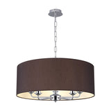 Banyan 5 Light E14 Pendant Light in black with polished chrome fittings, a wide 60cm drum shade on five arms suspended from a chain, shown on a plain white background.