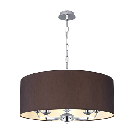 Banyan 5 Light E14 Pendant Light in black with polished chrome fittings, a wide 60cm drum shade on five arms suspended from a chain, shown on a plain white background.