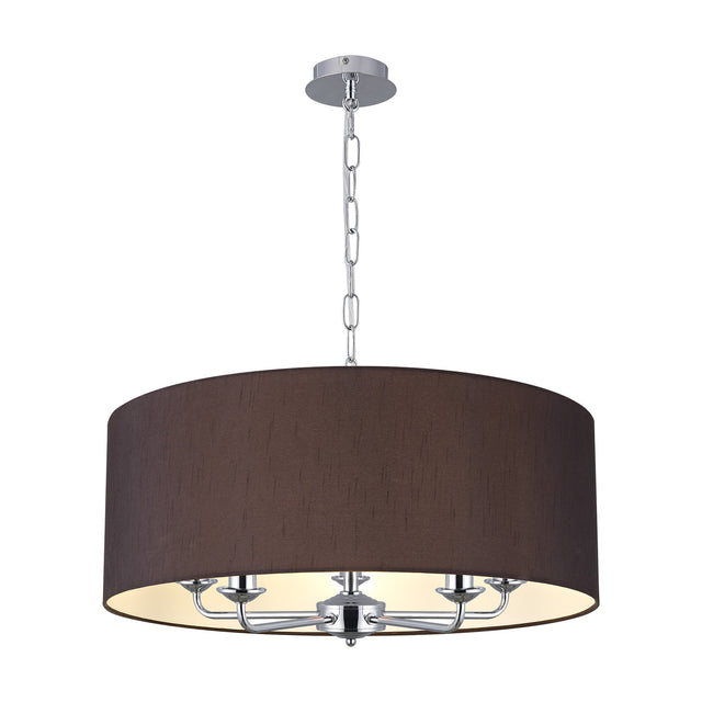 Banyan 5 Light E14 Pendant Light in black with polished chrome fittings, a wide 60cm drum shade on five arms suspended from a chain, shown on a plain white background.