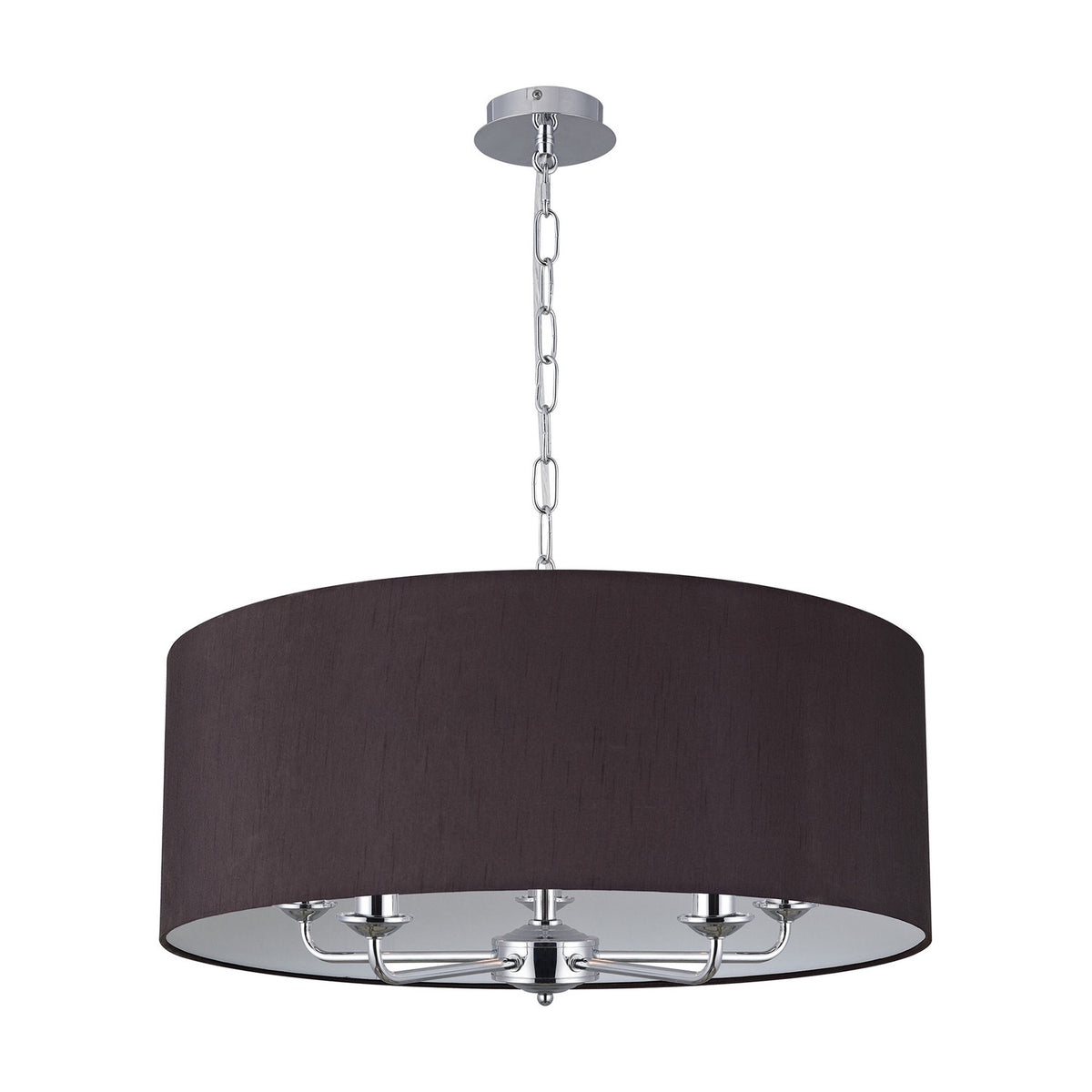 Banyan 5 Light E14 Pendant Light in Black, 60cm drum shade on polished chrome frame with five arms and chain suspension, shown on a plain white background.