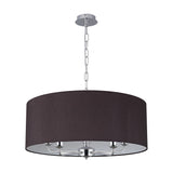 Banyan 5 Light E14 Pendant Light in Black, 60cm drum shade on polished chrome frame with five arms and chain suspension, shown on a plain white background.