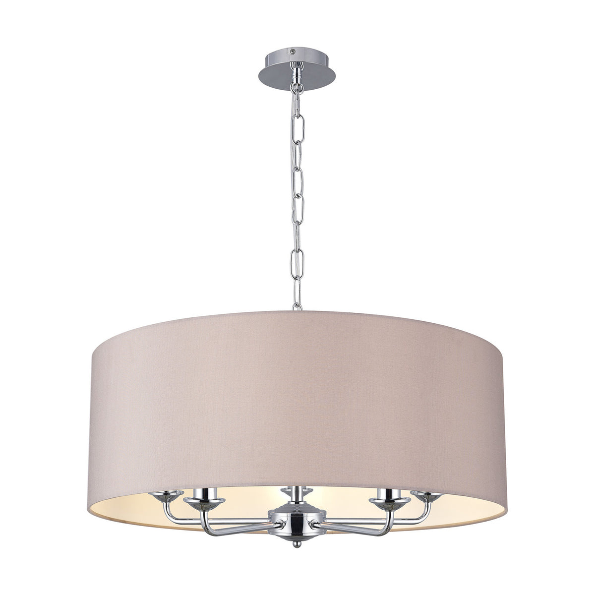 Banyan 5 Light E14 pendant light with a 60cm grey fabric drum shade on polished chrome arms and chain, shown on a plain white background.