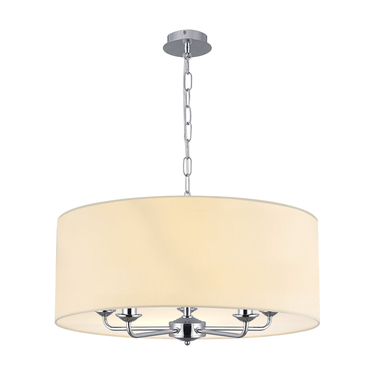 Banyan 5-light pendant with a wide ivory pearl fabric drum shade on polished chrome arms and chain suspension, shown on a plain white background.