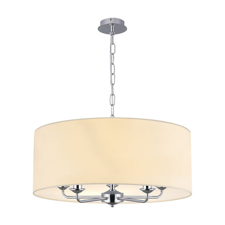 Banyan 5-light pendant with a wide ivory pearl fabric drum shade on polished chrome arms and chain suspension, shown on a plain white background.