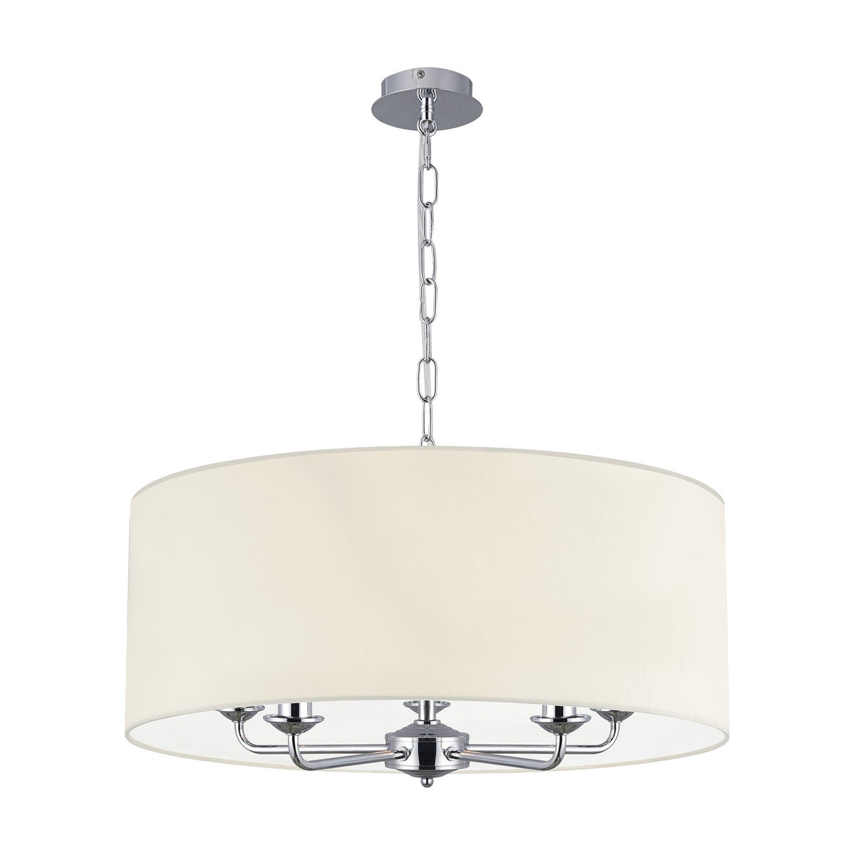 Banyan 5-light pendant with a wide ivory pearl fabric drum shade, polished chrome arms and chain, shown on a plain white background.