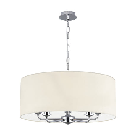 Banyan 5-light pendant with a wide ivory pearl fabric drum shade, polished chrome arms and chain, shown on a plain white background.