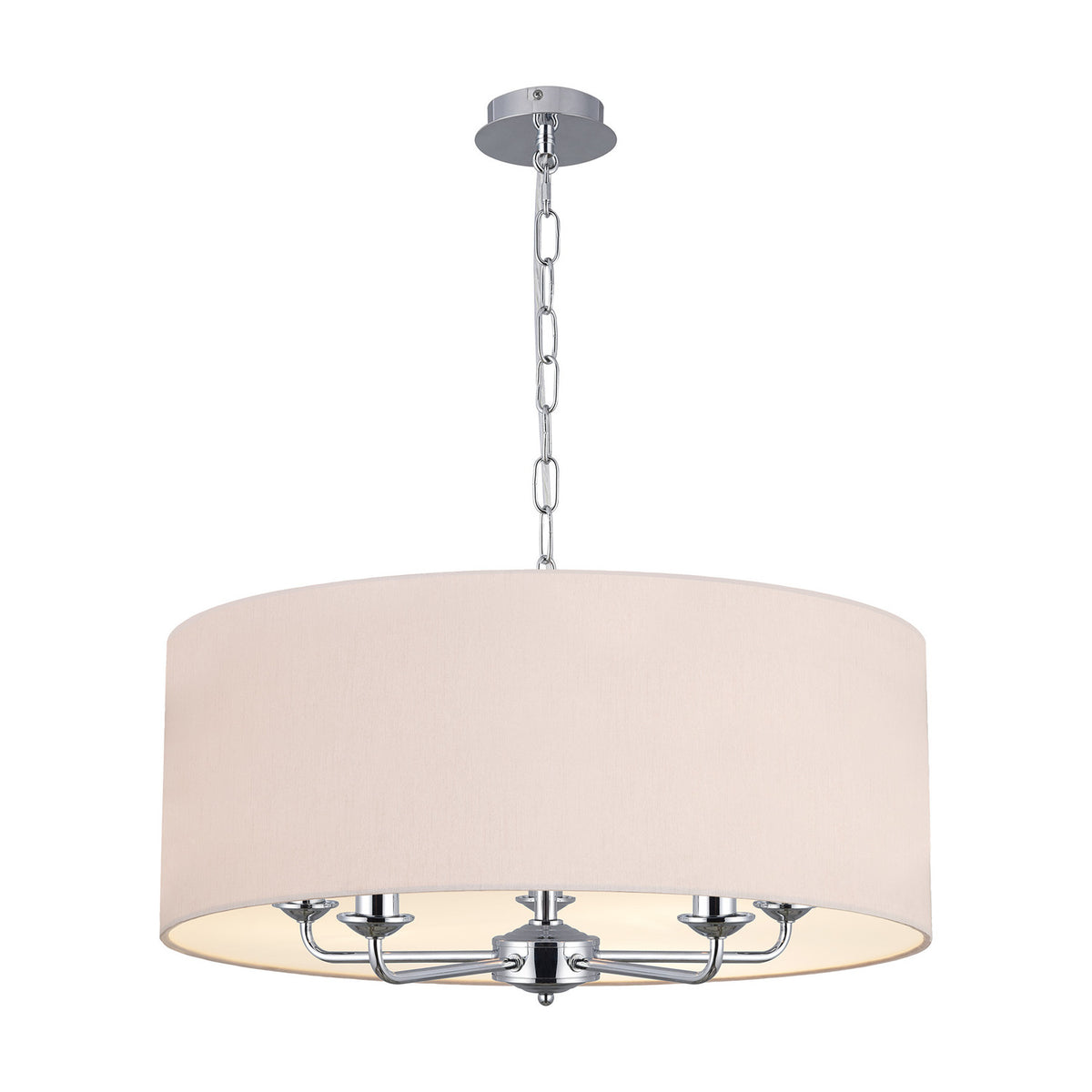 Banyan 5-light pendant with a 60cm nude beige drum shade on polished chrome arms and chain suspension, shown on a plain white background.