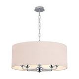 Banyan 5-light pendant with a 60cm nude beige drum shade on polished chrome arms and chain suspension, shown on a plain white background.