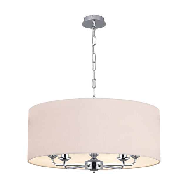 Banyan 5-light pendant with a 60cm nude beige drum shade on polished chrome arms and chain suspension, shown on a plain white background.