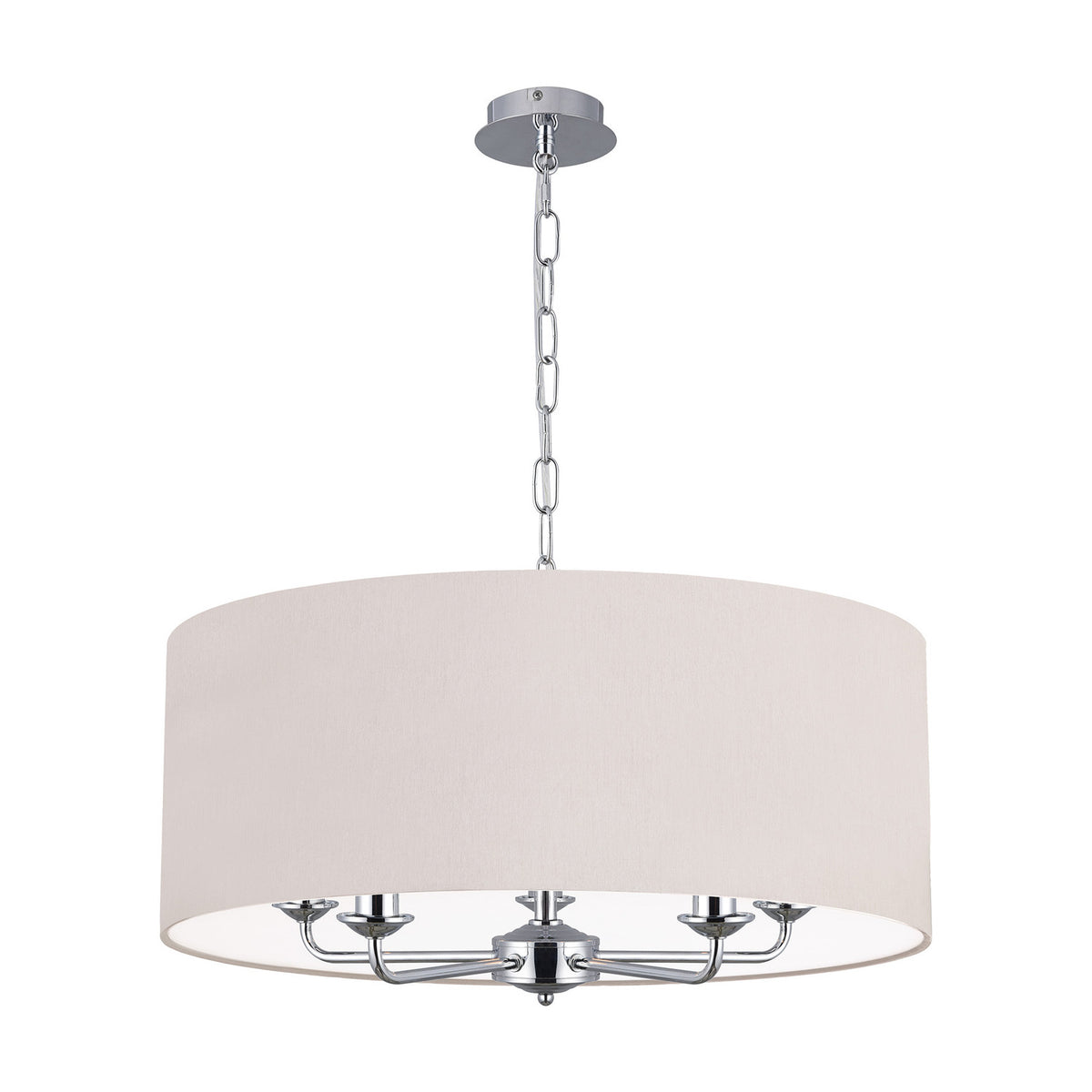 Banyan 5-light pendant with a wide 60cm nude beige drum shade and polished chrome ceiling chain, five curved arms visible beneath the shade, shown on a plain white background.
