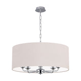Banyan 5-light pendant with a wide 60cm nude beige drum shade and polished chrome ceiling chain, five curved arms visible beneath the shade, shown on a plain white background.