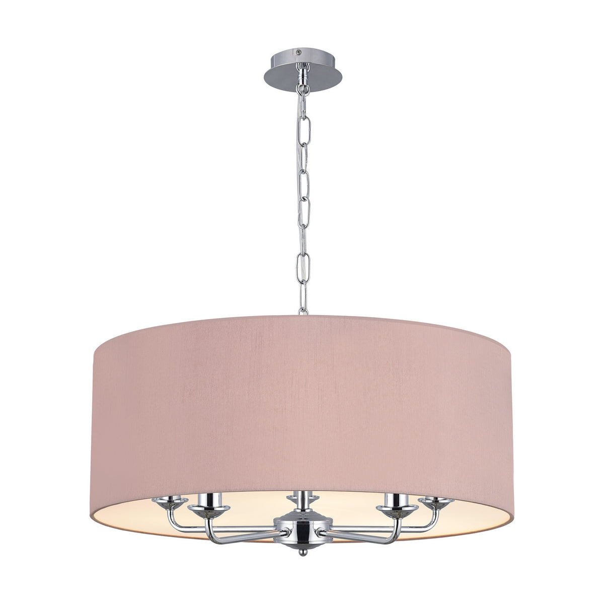 Banyan 5 Light E14 Pendant Light in Taupe, 60cm faux silk drum shade on polished chrome chain suspension with five arm fittings, shown on a plain white background.