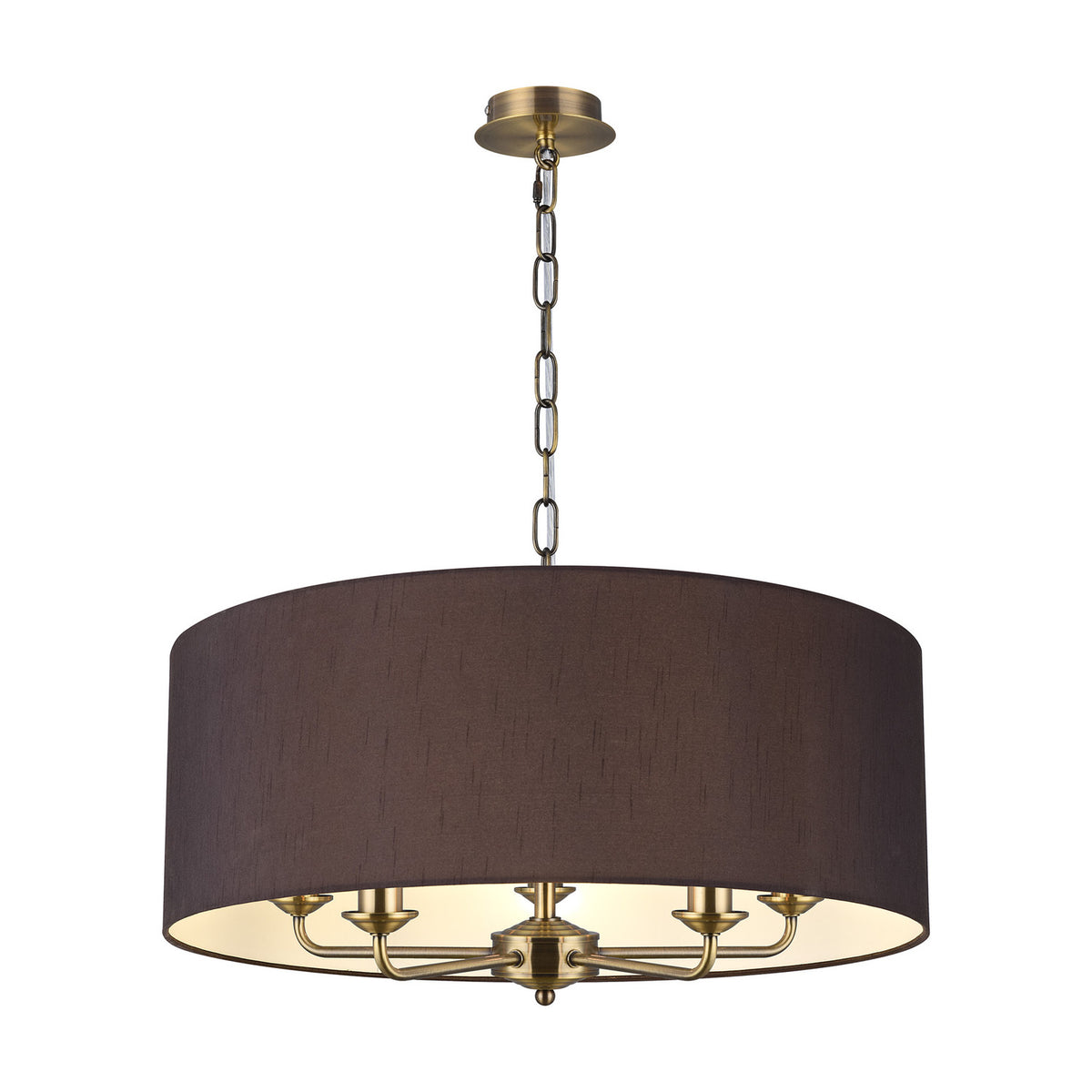 Banyan 5 Light E14 pendant light with a 60cm black drum shade and five candle arms in antique brass finish, shown on a plain white background.