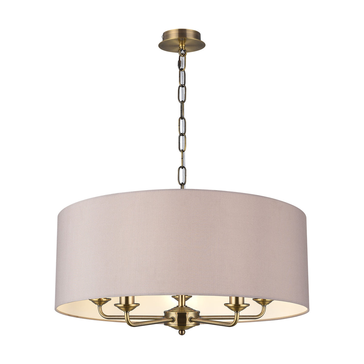 Banyan 5 Light E14 Pendant Light in antique brass with a 60cm grey fabric drum shade, five curved arms on a chain suspension, shown on a plain white background.