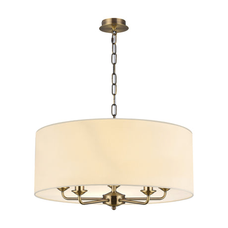 Banyan 5 Light E14 pendant light with a 60cm ivory pearl drum shade and five candle-style arms in antique brass, shown on a plain white background.