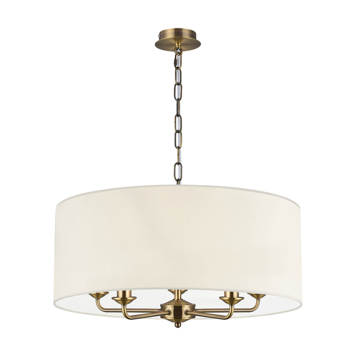 Banyan 5 light E14 pendant light with a 60cm ivory pearl drum shade and five candle-style arms in antique brass, on a plain white background.