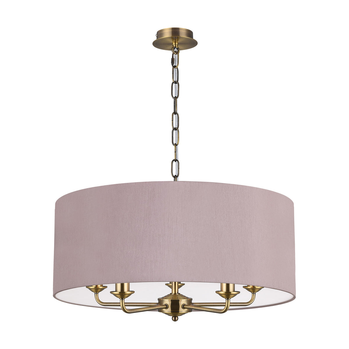 Banyan 5 Light E14 Pendant Light in Taupe, 60cm drum shade on antique brass frame with five curved arms and candle holders, shown on a white background.