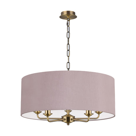 Banyan 5 Light E14 Pendant Light in Taupe, 60cm drum shade on antique brass frame with five curved arms and candle holders, shown on a white background.