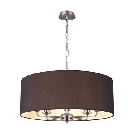 Banyan 5 Light E14 Pendant Light in Satin Nickel, featuring five candle arms beneath a wide 60cm black drum shade, shown on a plain white background.