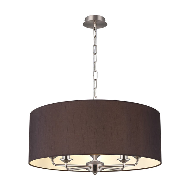 Banyan 5 Light E14 Pendant Light in Satin Nickel, featuring five candle arms beneath a wide 60cm black drum shade, shown on a plain white background.