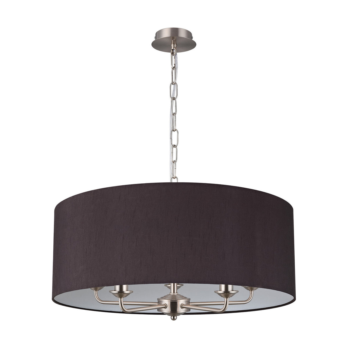 Banyan 5 Light E14 Pendant Light in Satin Nickel, featuring a wide 60cm black faux silk drum shade with five candle-style arms, shown on a plain white background.