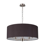 Banyan 5 Light E14 Pendant Light in Satin Nickel, featuring a wide 60cm black faux silk drum shade with five candle-style arms, shown on a plain white background.
