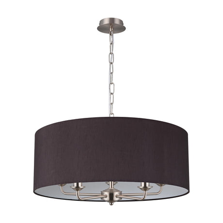 Banyan 5 Light E14 Pendant Light in Satin Nickel, featuring a wide 60cm black faux silk drum shade with five candle-style arms, shown on a plain white background.