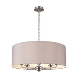 Banyan 5 Light E14 Pendant Light in Grey, 60cm wide drum shade with satin nickel multi-arm frame and chain suspension, shown on a plain white background.