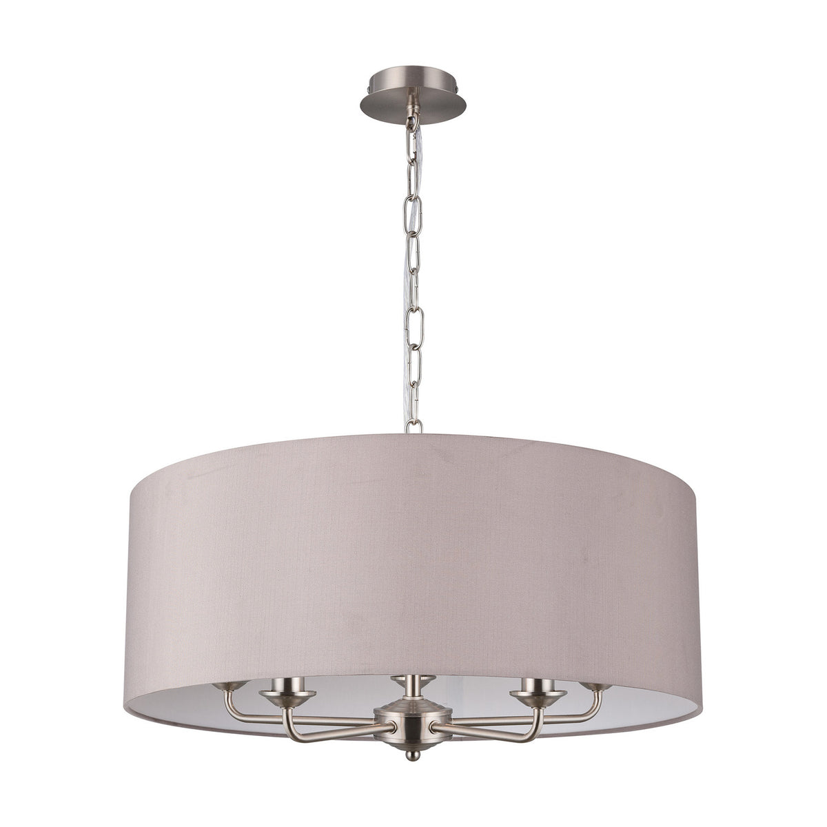 Banyan 5 Light E14 pendant light with a wide 60cm grey drum shade, white laminate lining, and satin nickel multi-arm frame, hung on a chain against a plain white background.