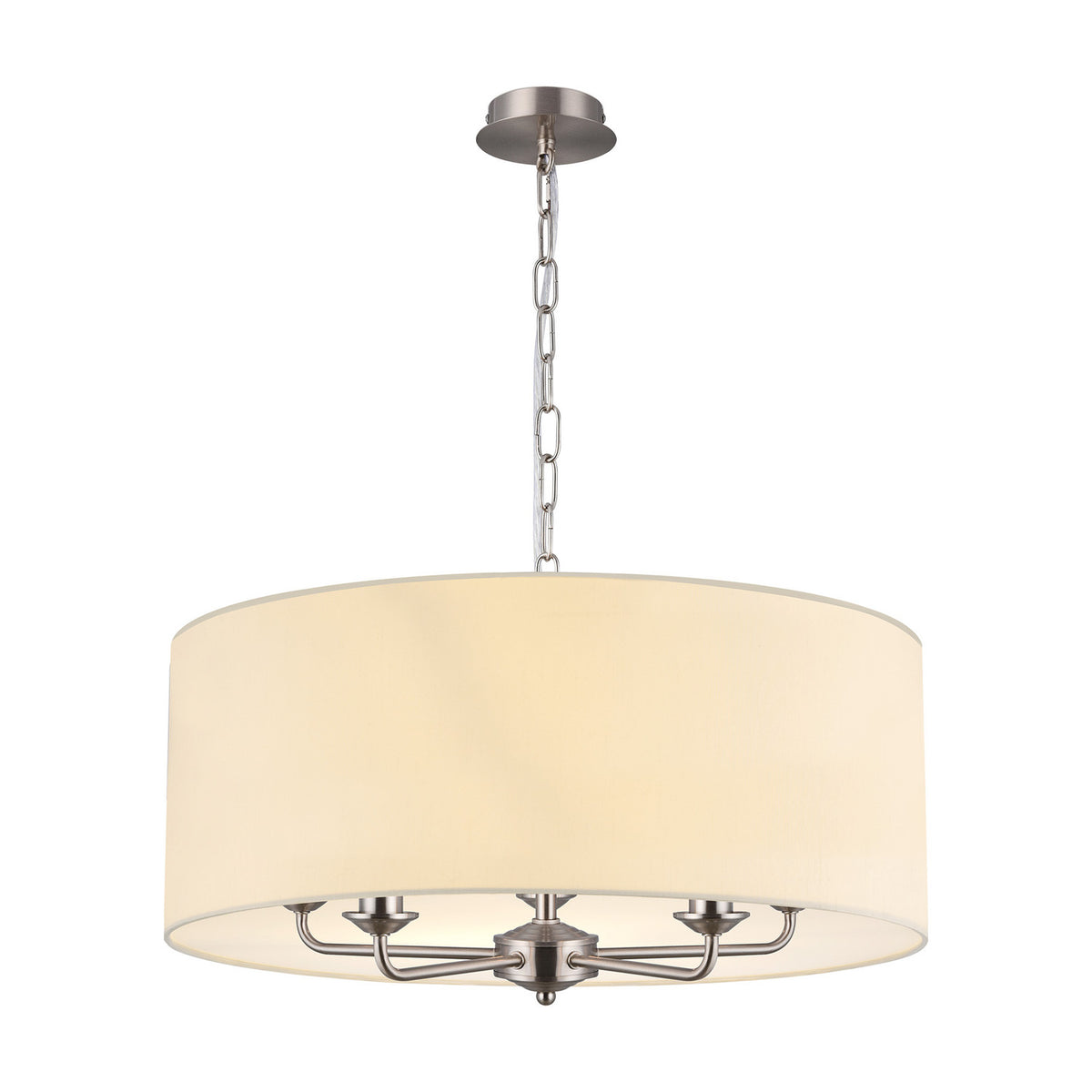 Banyan 5 Light E14 pendant light with a wide ivory pearl fabric drum shade on satin nickel arms and chain, 60cm, shown on a plain white background.