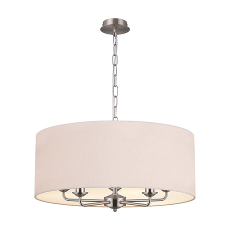 Banyan 5 Light E14 Pendant Light with nude beige drum shade and five satin nickel arms, suspended by a chain from a round ceiling plate on a plain white background.