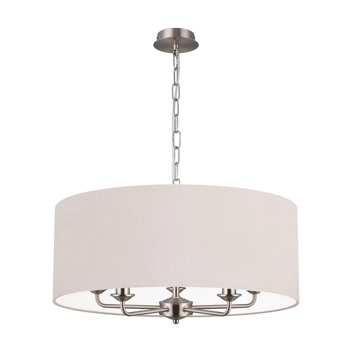 Banyan 5 Light E14 pendant light with a large nude beige drum shade and five satin nickel arms, hung on a chain, shown on a plain white background.