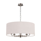 Banyan 5 Light E14 pendant light with a large nude beige drum shade and five satin nickel arms, hung on a chain, shown on a plain white background.