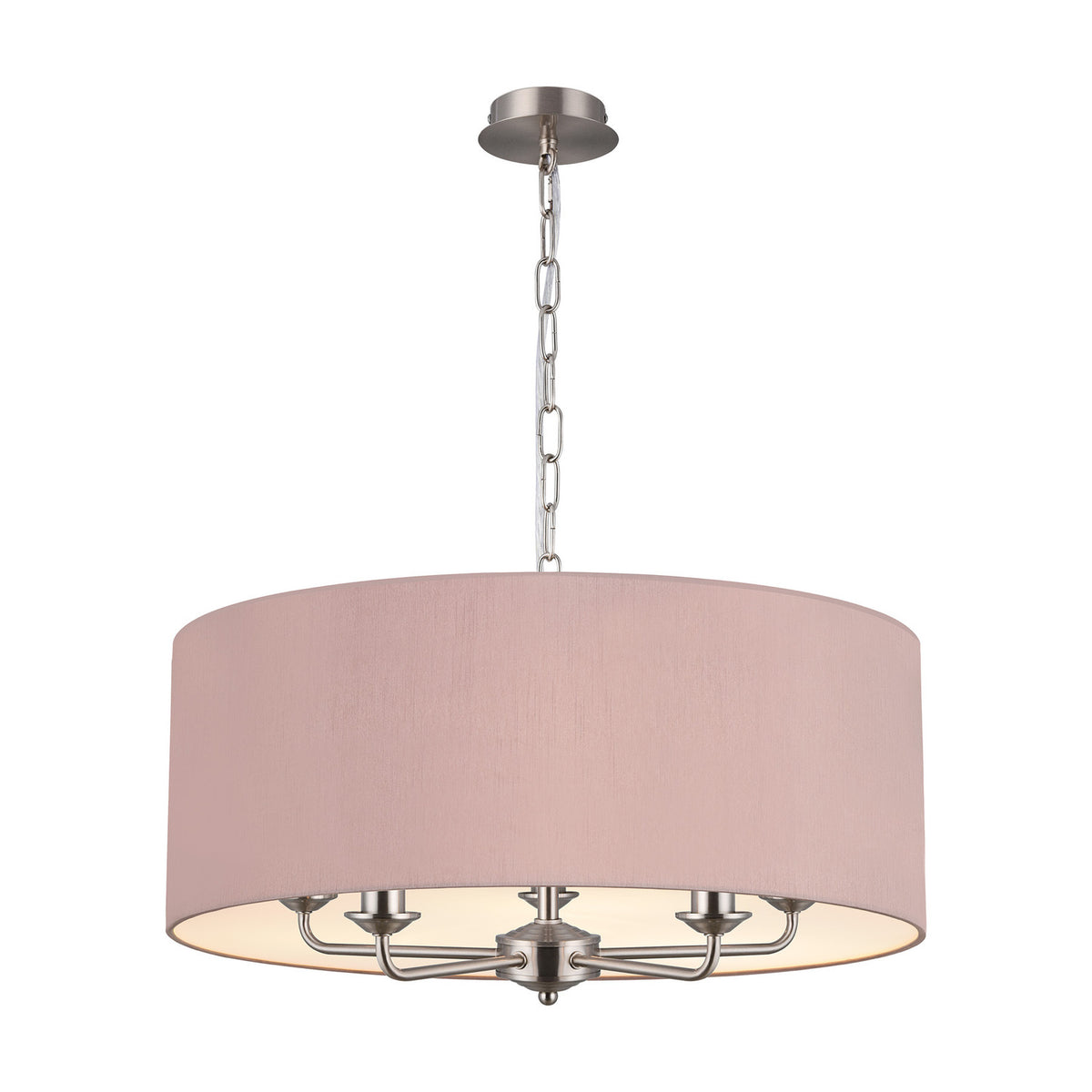 Banyan 5 Light E14 Pendant Light in Taupe, 60cm faux silk drum shade on a satin nickel five-arm frame with candle-style holders, shown on a plain white background.