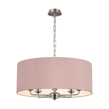 Banyan 5 Light E14 Pendant Light in Taupe, 60cm faux silk drum shade on a satin nickel five-arm frame with candle-style holders, shown on a plain white background.