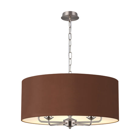 Banyan 5 Light E14 pendant light, 60cm raw cocoa fabric drum shade with satin nickel candle arms and chain suspension, on a plain white background.