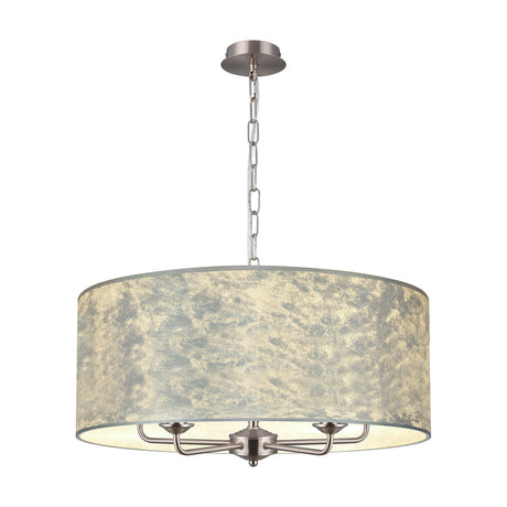 Banyan 5 Light E14 Pendant Light, 60cm drum shade in silver leaf with satin nickel fittings and chain suspension, five candle arms beneath, on a plain white background.