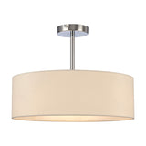 Baymont 3 Light Semi Flush ceiling light with a round polished chrome ceiling mount and rod, topped by a wide drum-shaped ivory fabric shade, shown on a plain white background.