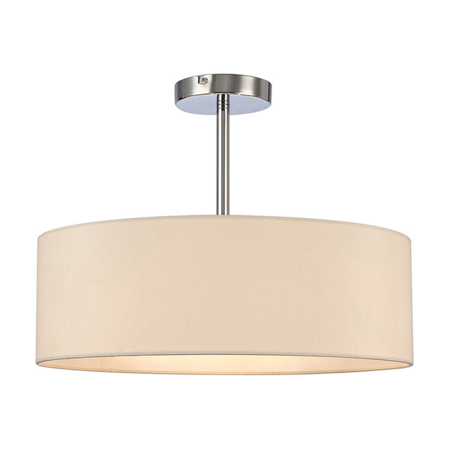 Baymont 3 Light Semi Flush ceiling light with a round polished chrome ceiling mount and rod, topped by a wide drum-shaped ivory fabric shade, shown on a plain white background.