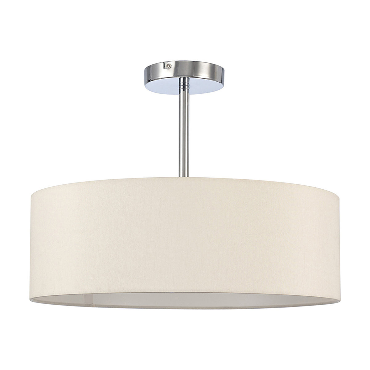 Baymont 3 Light Semi Flush ceiling light with polished chrome stem and ceiling plate, ivory fabric drum shade, 45cm diameter, shown on a plain white background.