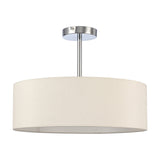Baymont 3 Light Semi Flush ceiling light with polished chrome stem and ceiling plate, ivory fabric drum shade, 45cm diameter, shown on a plain white background.