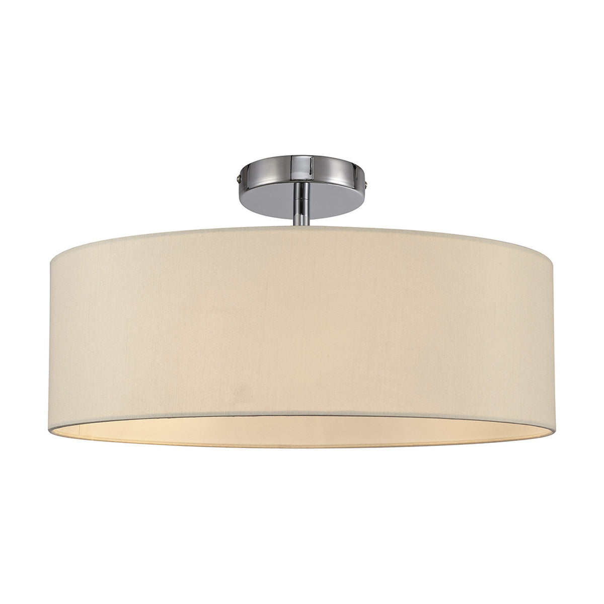 Baymont 3 Light Semi Flush ceiling light with a wide ivory faux silk drum shade and polished chrome ceiling mount, shown against a plain white background.