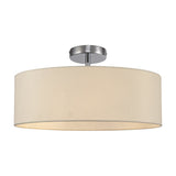 Baymont 3 Light Semi Flush ceiling light with a wide ivory faux silk drum shade and polished chrome ceiling mount, shown against a plain white background.